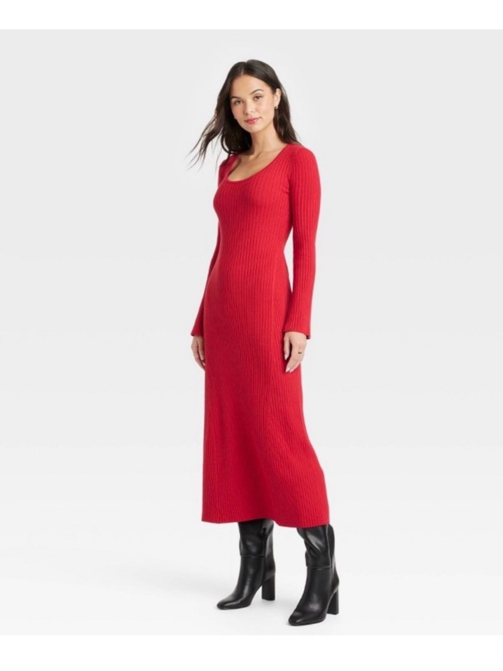 Red Ribbed Long Sleeve Scoop Neck Sweater Dress